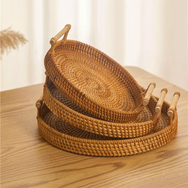 1PC Rattan Bread Storage Woven Snacks Fruit Round Tray Picnic Binaural Tray Living Room Table Finishing