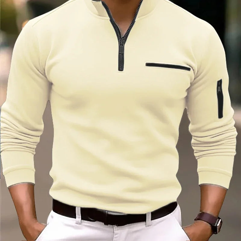 Spring Fashion Zipper Design Polo Shirts 2024 Casual Solid Color O-Neck Tees Pullover Fashion Men Clothing Long Sleeve