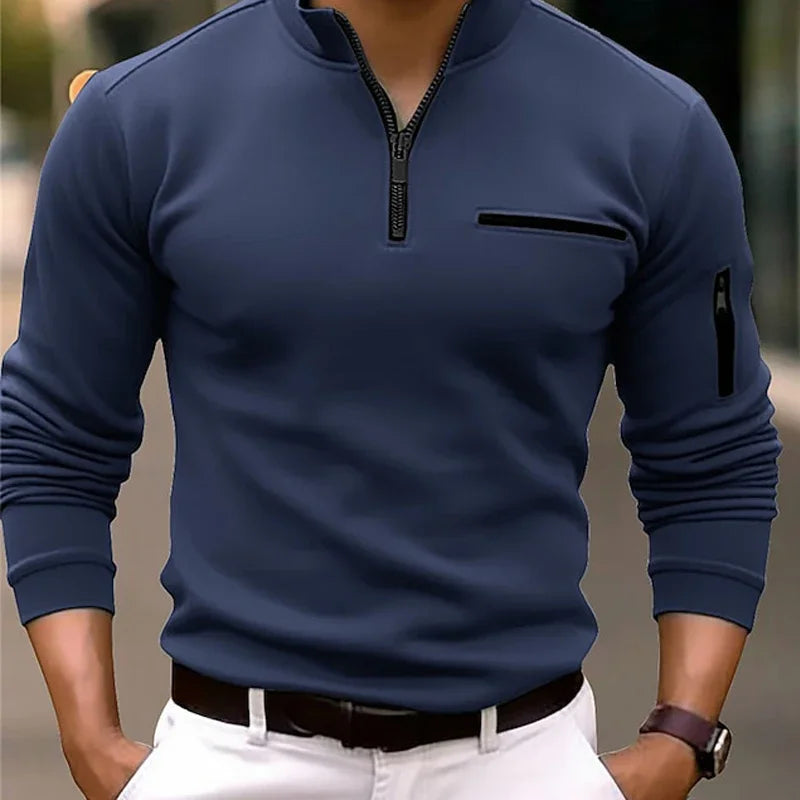 Spring Fashion Zipper Design Polo Shirts 2024 Casual Solid Color O-Neck Tees Pullover Fashion Men Clothing Long Sleeve