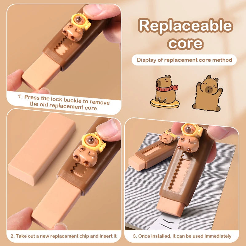 Kawaii Push Pull Capybara Eraser Soft School Supplies Clean Mess Free Stationary Office Student Rubber Eraser For Kids Gift