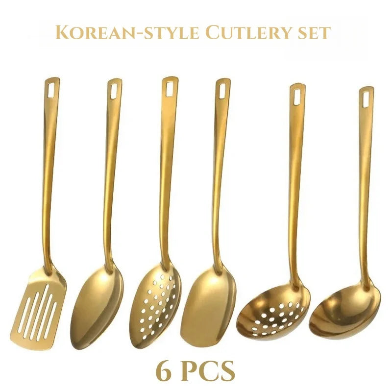 6pcs Stainless Steel Dinnerware Set Home Creative Korean Cutlery Golden Spoon Korean-style Hot Pot Cutlery Set Kitchenware Set