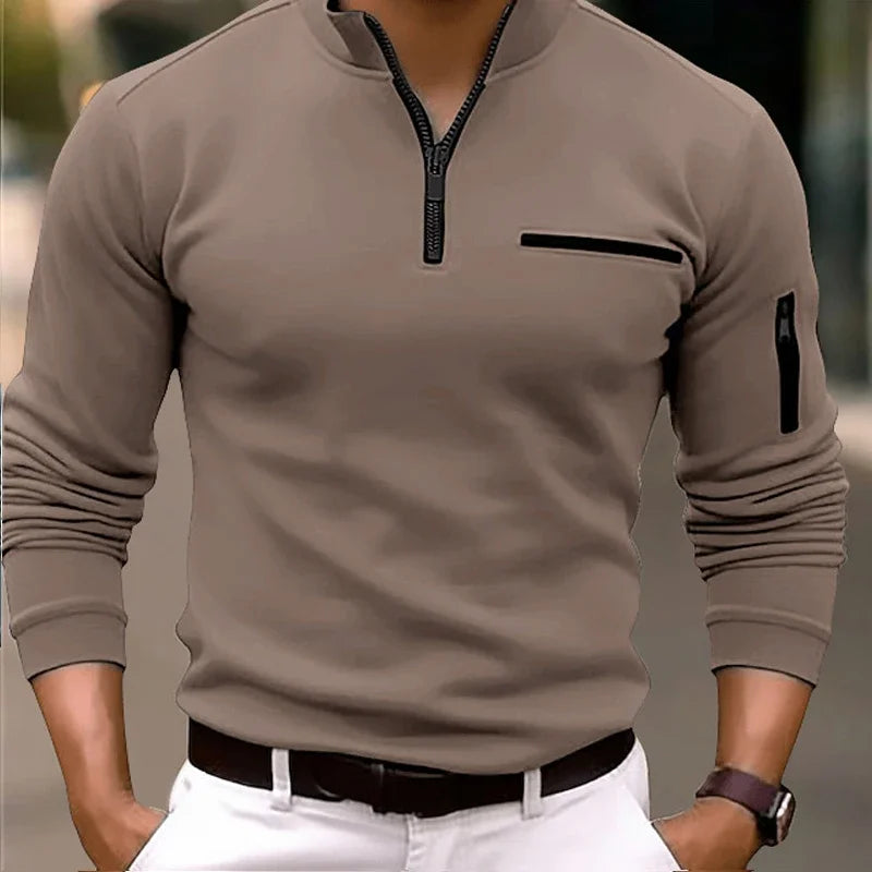 Spring Fashion Zipper Design Polo Shirts 2024 Casual Solid Color O-Neck Tees Pullover Fashion Men Clothing Long Sleeve