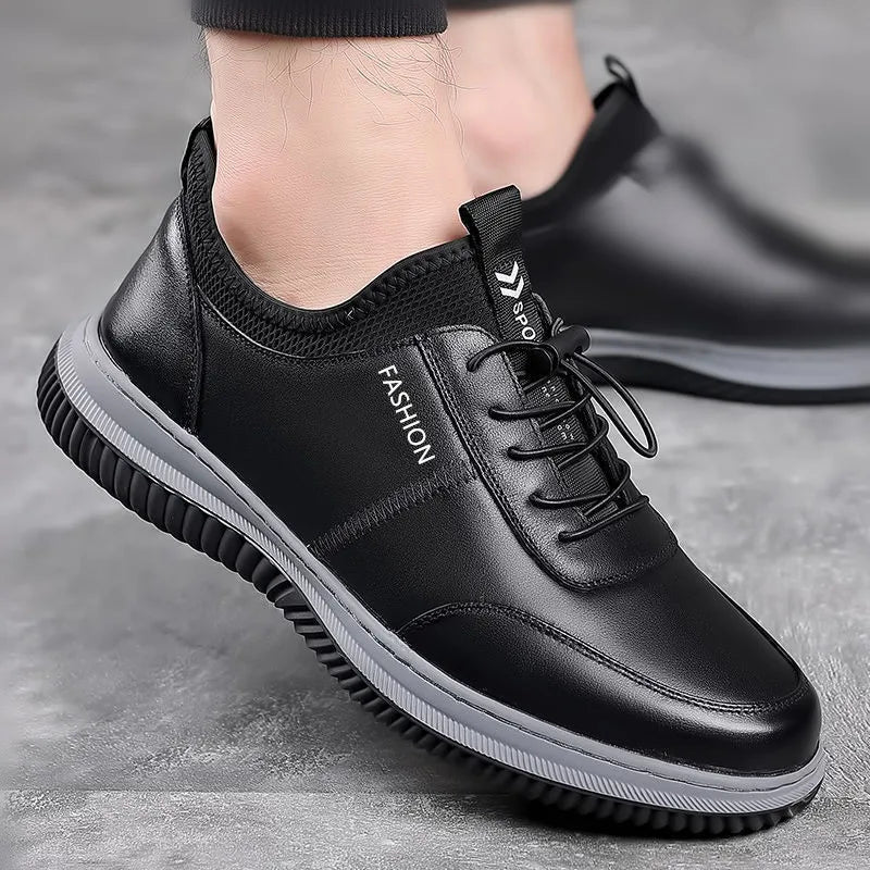 Tênis Masculino de Couro à Prova d'Água, Sapatos de Plataforma para Negócios, Bico Redondo, Confortáveis, Antiderrapantes, Tênis Externos, Zapatillas Hombre