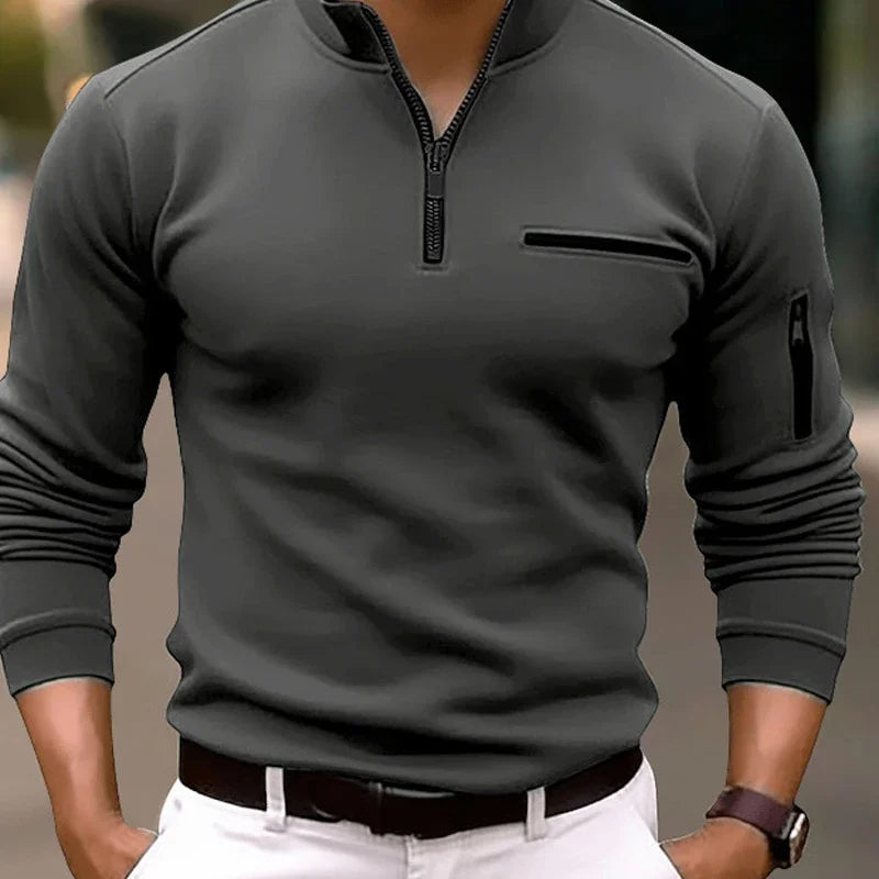 Spring Fashion Zipper Design Polo Shirts 2024 Casual Solid Color O-Neck Tees Pullover Fashion Men Clothing Long Sleeve