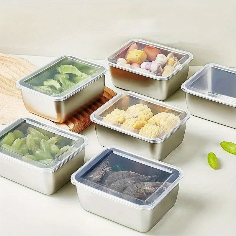 1Pcs 600ml Stainless Steel Refrigerator Food Storage Box with Plastic Lid Prepare Food Freshness Preservation Box Picnic Box